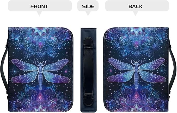 Lotusorchid Dragonfly Print Bible Covers for Women PU Leather Bible Case, Portable Bible Tote Bag Bible Book Carrying Case Christian Bible Accessories with Handle Pocket, Blue, 2XL