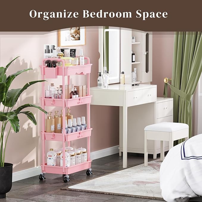 4 Tier Rolling Utility Cart with Drawer, Utility Storage Organizer with Plastic Shelf & Lockable Wheels Multifunctional Storage Cart for Kitchen, Bathroom, Office, Living Room, Pink