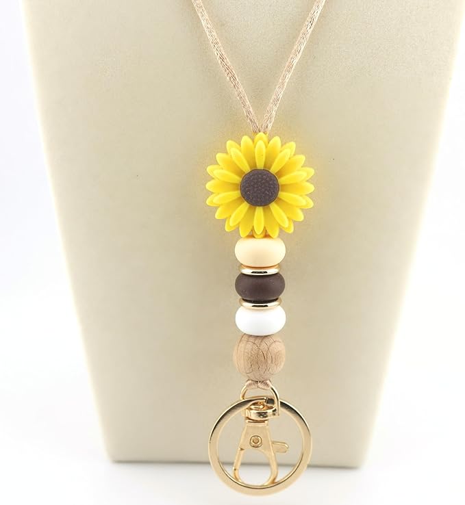 Flower Teacher Lanyards ID Badge and Key Chain, Cute Silicone Beads Lanyard for Women Nurse Work Student (Sunflower)