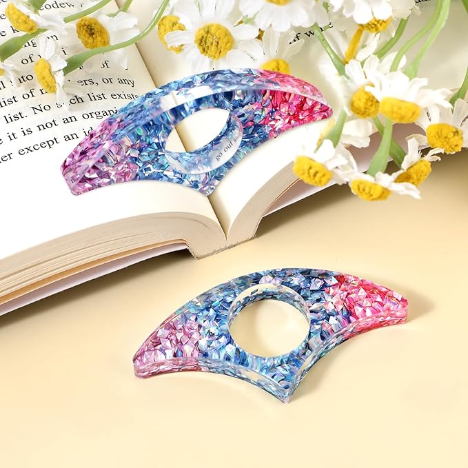 Rhinestones Book Page Holder, Glitter Crystal Thumb Book Holder, Sector Resin Book Opener Handmade Thumb Bookmarks Reading Accessories for Birthday Party Wedding Gifts(Pink Blue)