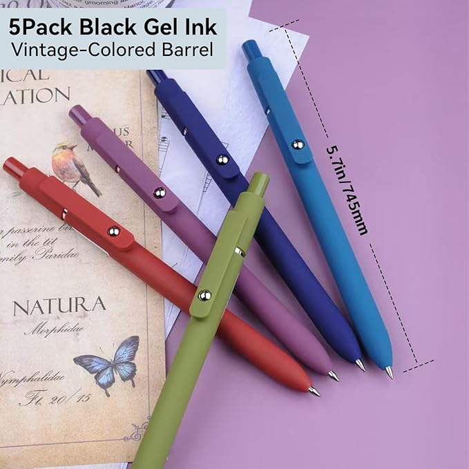 Gel Pens, 5Pcs 0.5mm Fine Point Black Ink Pens With Smooth Wirting,Qucik Dry Pens For Journaling, Cute Nice Aesthetic Pens, Office School Supplies for Women Men Student(Retro)
