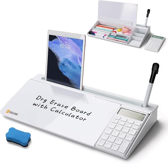 SELEAD Desktop Glass Whiteboard with Calculator, Organizer, Markers, Eraser, Holder - Small Dry Erase White Board Computer Pad Keyboard Stand for Home, School, Office Desk Cubicle Accessories