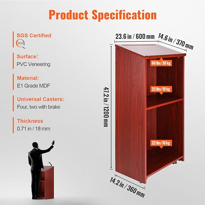 VEVOR Podium Stand, 47 inch Hostess Stand with 4 Rolling Wheels, Wood Podium with Storage Shelves and Slant Desktop, Lecterns & Podiums for Home, Office, School, Church, Brown