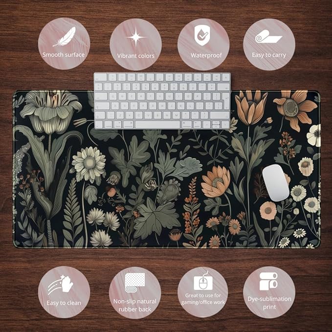 Black Aesthetic Vintage Desk Mat Dark Flower Plants Mouse Pad Wildflowers Large Gaming Mousepad Desk Pad XXL Keyboard Mouse Mat Full Desktop Mat Women Desk Cover Mat for Work Office Home 31.5x15.8 in