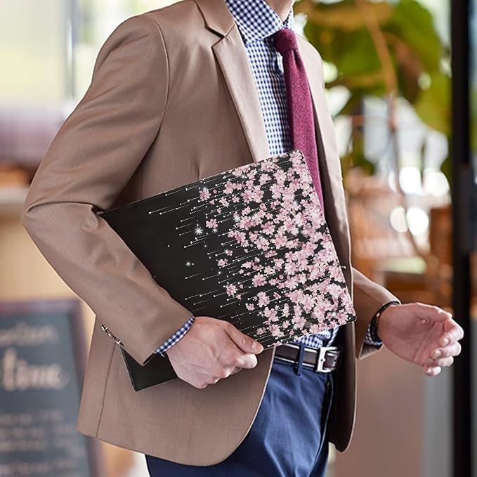 Office Folder Cherry Blossom Pink Print PU Leather Padfolio with A4 Size Clipboard Clip for Business Resume Interview Document Sleeve Binder Folder for Men/Women