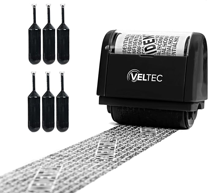 Veltec ID Protector Ink Roller - Identity Theft Protection Roller Stamp Set (Black, Stamp+6 Refills)