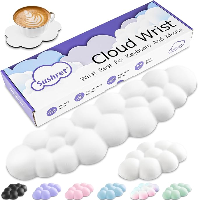 Cloud Wrist Rest Keyboard, Cloud Keyboard Wrist Pad Set with PU Leather Memory Foam, Cute Arm Rest for Palm Support, PC/Gaming Desk Accessories/Office Setup/Computer Hand Cushion - White