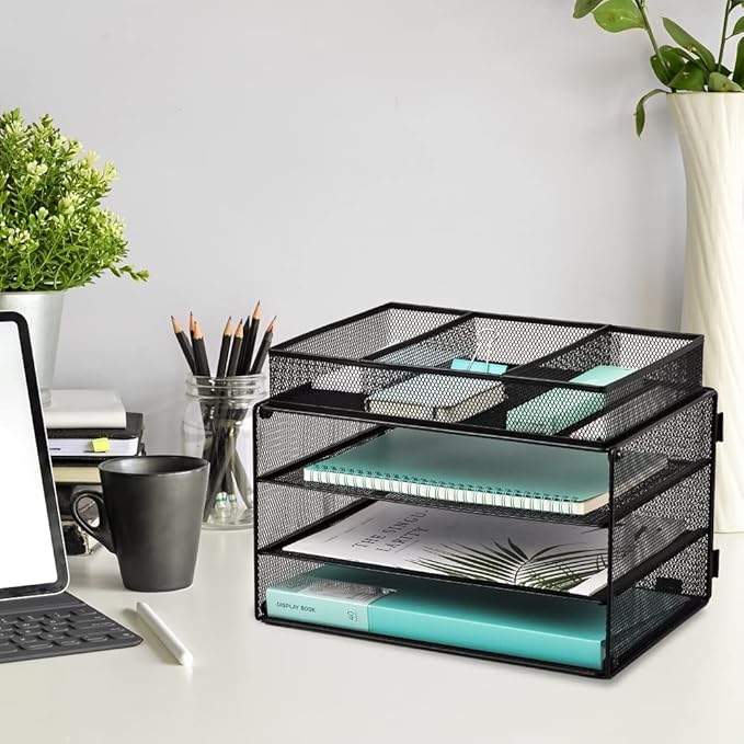 EASEPRES Paper Organizer Tray, 3 Tier Mesh Desk File Organizer Letter Sorter Holder with Drawer for Home Office, Black
