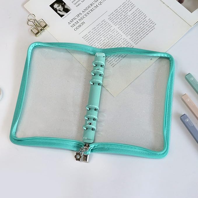 Multibey A5 Binder Cover Clear Soft PVC 6-Ring Binder Budget Cash Evelopes System with Zipper Planner Organizer Refillable Notebook Journal Binder (Cyan, A6)