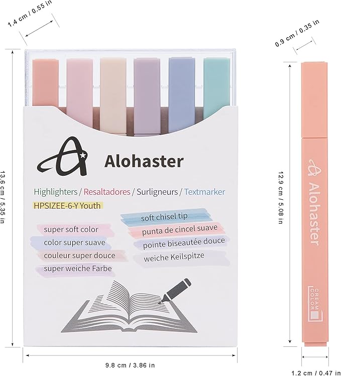 HPSIZEE Aesthetic Cute Highlighters Mild Assorted Colors With Soft Chisel Tip, No Bleed Dry Fast Easy to Hold, for Journal Bible Planner Notes School Office Supplies, 6 Pack - Youth
