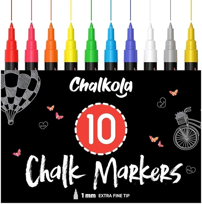 Extra Fine Tip Liquid Chalk Markers (1mm, 10 Pack) with Gold & Silver - Erasable Dry Erase Marker Pens for Blackboard, Windows, Chalkboard Markers, Bistro, Restaurants - Thin Point Chalk Pens Set