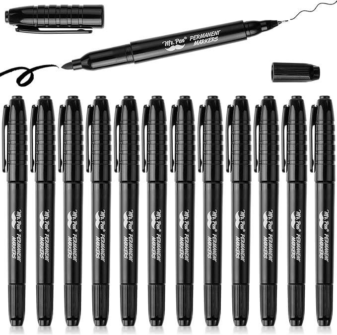 Mr. Pen - Dual Tip Permanent Markers, 12 Pack, Black, Fine & Ultra Fine Point