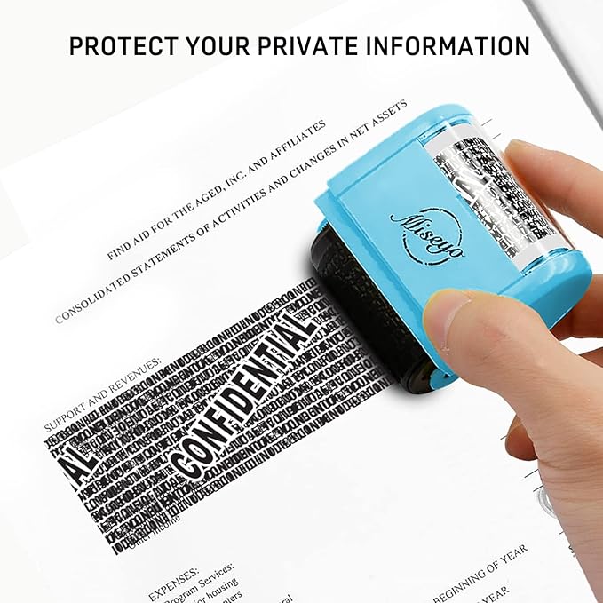 Miseyo Identity Theft Protection Roller Stamp Set - Blue (6 Refill Ink Incleded)