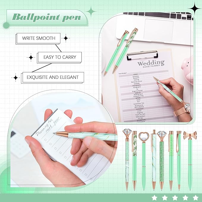 Supervitae 8 Pcs Ballpoint Pen for Women Fancy Gifts for Journaling Liquid Sand Glitter Black Ink Pens Bridal Shower Gifts for Wedding Women Office Desk School Stationery Supplies(Green)