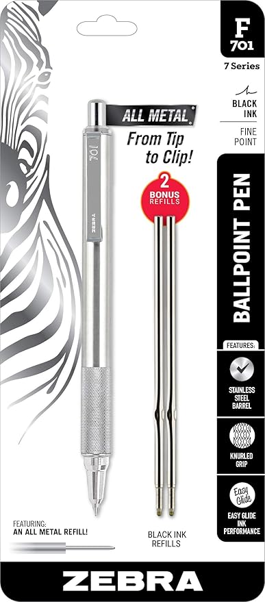 Zebra F-701 Metal Pen - Ballpoint Fine Point Stainless Steel - 0.8mm - Black Ink - Retractable Zebra Pens with 2 Black Ink Refills