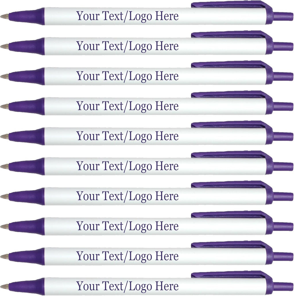 Personalized Click Stick Pens With your Custom Logo or Text-300 Pack Bulk-for Businesses, Parties, and Events, Custom Printed Retractable Slim Ballpoint Pens, Dark Purple, Black Ink