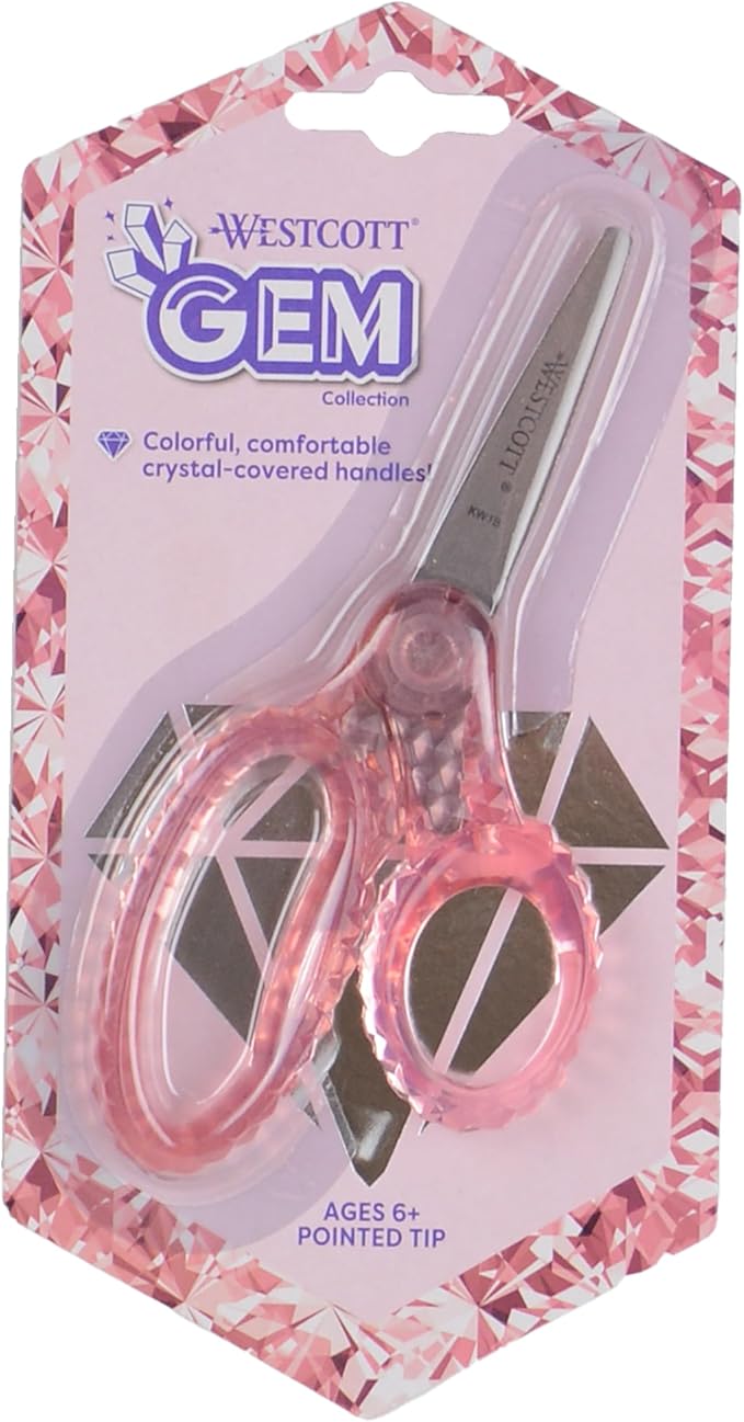 Westcott 5" GEM Crystal-Design Safety Scissors 12pk, Pointed-Tip for Kids Aged 6-8 - Scissors for School, Craft, Home, DIY, Classroom - Assorted Colors