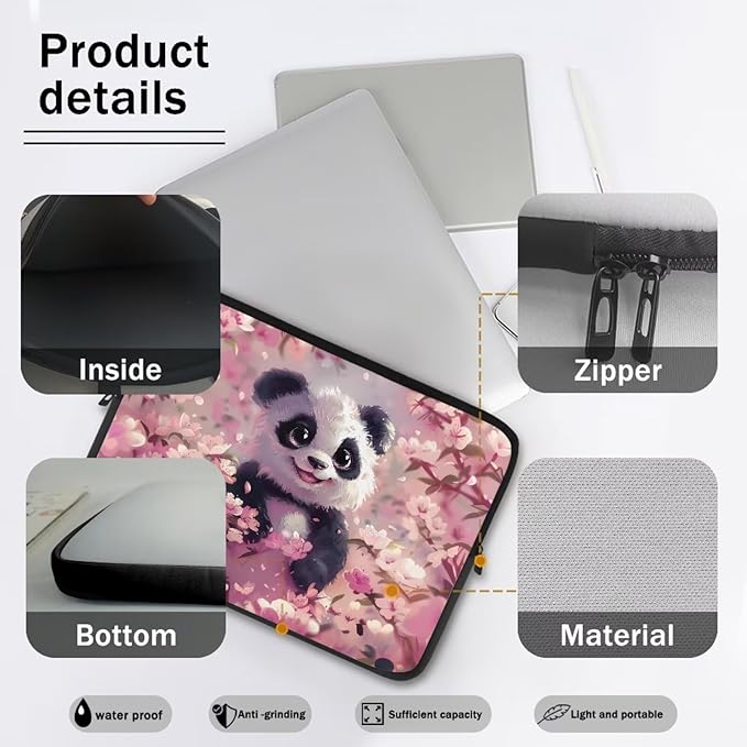 Panda Cherry Blossom Printed Computer Case Bag for Girls Boys, Washable 13 Inch Laptop Bag Carrying Case Laptop Briefcase Neoprene with Zipper, Compatible with Various Computers, Pink
