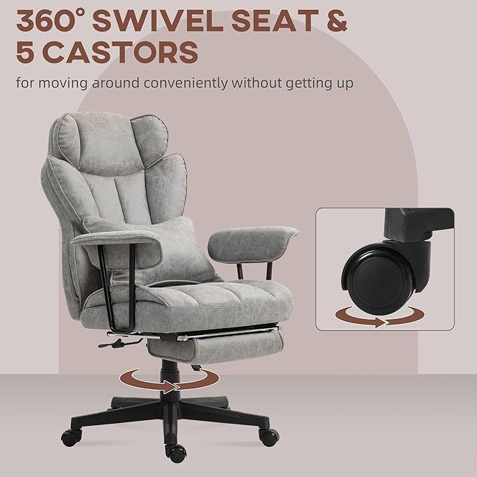 HOMCOM Executive Office Chair, 400LBS Big and Tall Office Chair with Foot Rest, Microfiber Computer Desk Chair with Lumbar Support, Reclining Function and Wide Seat, Gray