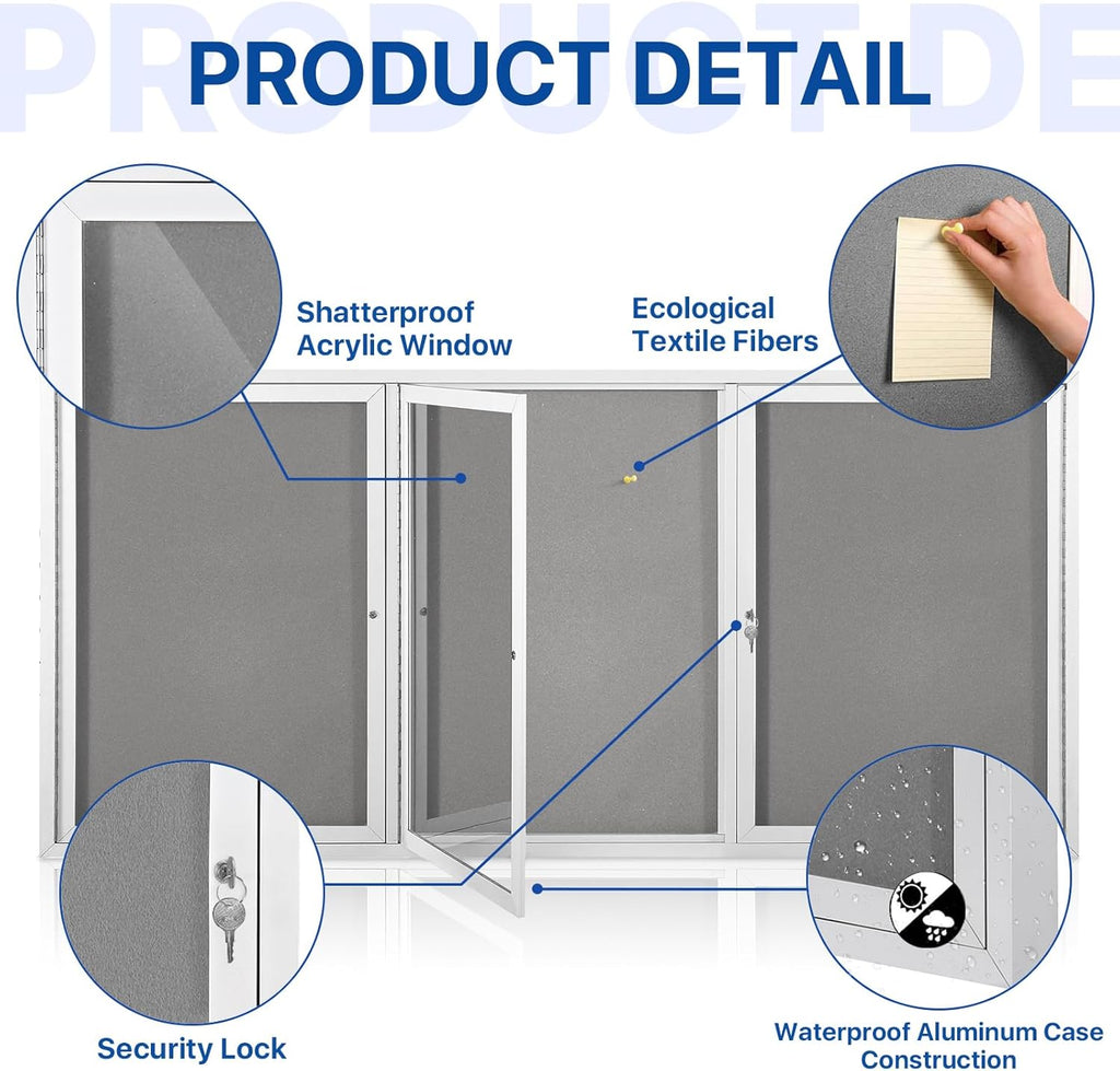 SWANCROWN Outdoor Bulletin Board 94x48in, Enclosed Bulletin Board with Locking Door for Office School Commerce, Grey Felt, Sliver Aluminum Frame