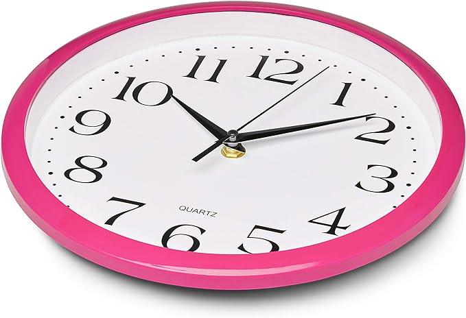 Bernhard Products Pink Wall Clock 10 Inch Silent Non Ticking Battery Operated Quality Quartz Round Easy to Read Home/Office/Kitchen/Nursery/Girl's Bedroom/Classroom/Kids Playroom/School Clock