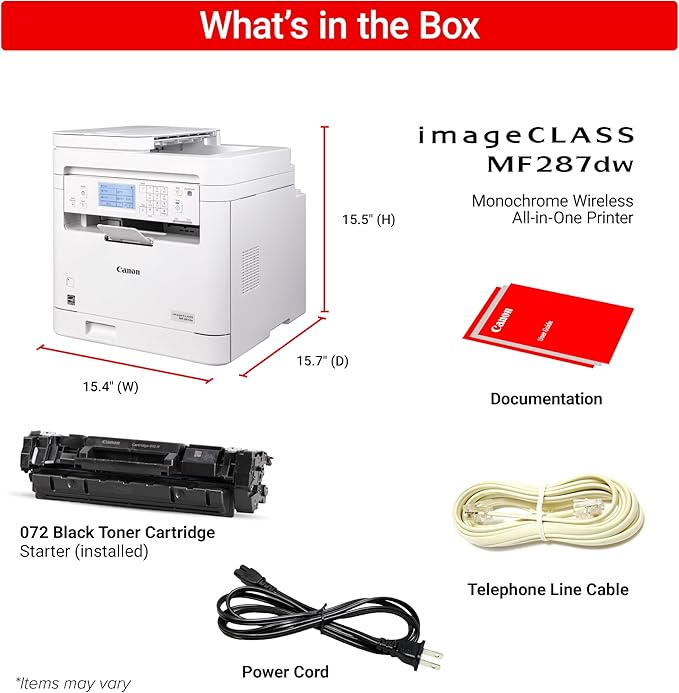 Canon imageCLASS MF287dw - Monochrome, Duplex, Wireless Laser Printer, All-in-One Print, Copy, Scan, Fax, Auto Document Feeder, 1 Year Limited Warranty, 35 PPM, White