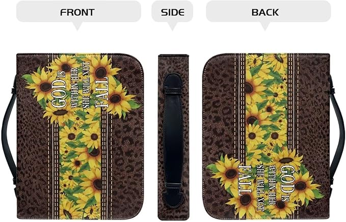 Lotusorchid PU Leather Bible Bag for Women with Inspiring Bible Verses, Sunflower Leopard Print Bible Cover Women Girls, Sturdy Bible Book Carrying Bags Christian Bible Study Accessories, M