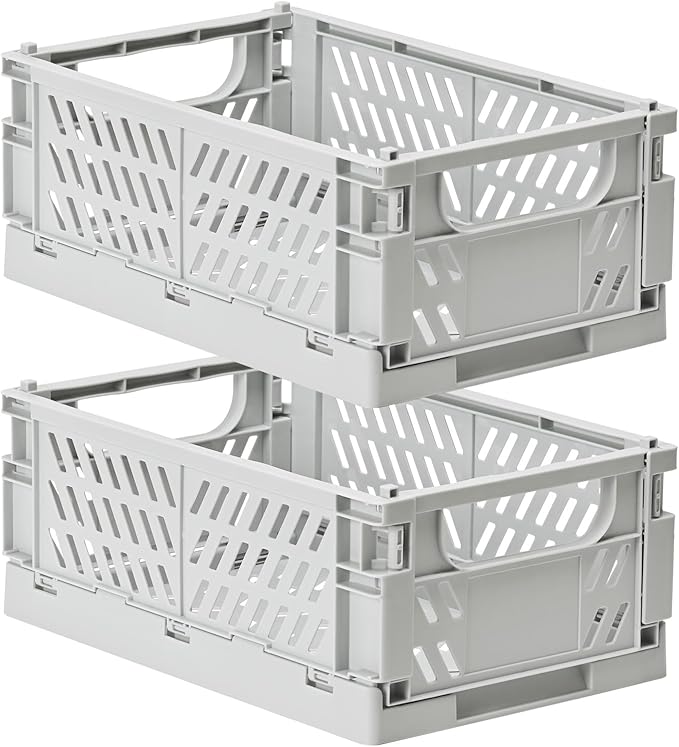 2-Pack Small Pastel Plastic Storage Baskets, Collapsible Crates for Organizing, Space-Saving Mini Bins for Classroom, Kitchen, Office, Bedroom (Grey, 9.8" x 6.5" x 3.8")