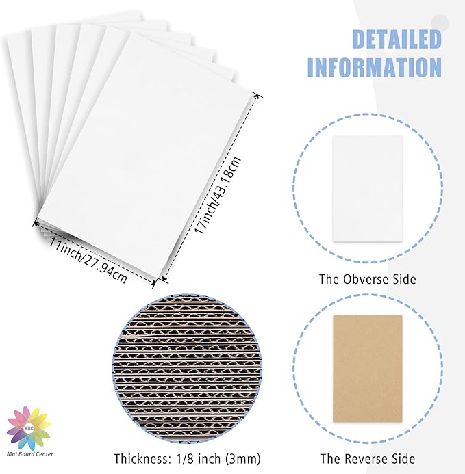 Mat Board Center, 25 pack 11x17 Corrugated Cardboard sheet, 1/8 inch thick, Flat Cardboard Inserts for Mailing, Packaging & Shipping, Cardboard Backing, Craft Card Board (White on one side)