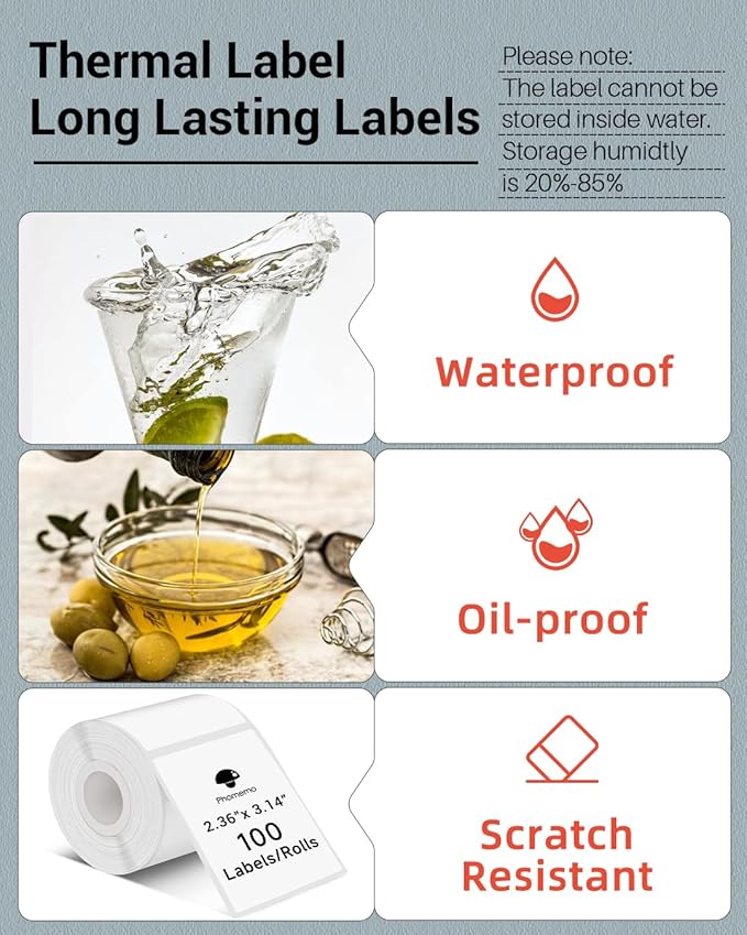 Phomemo Thermal Sticker Labels- 2.36"x 3.14"(60x80mm) Thermal Label for M221/M220/M200, for Barcode/Address/Mailing/Logo/Business/Home Tag