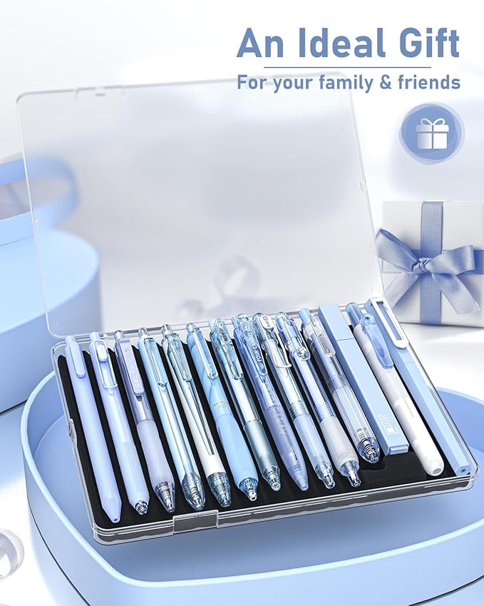 Four Candies 14Pack Pastel Gel Ink Pen Set,Cute Retractable 0.5mm Fine Point Pen,Note Taking Aesthetic Pens,12 Pack Black Ink Pens with 2Pack Highlighter, Smooth Writing Pens for School, Office (Blue)