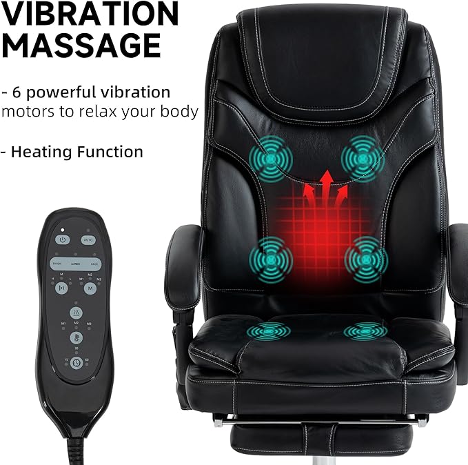 Vinsetto PU Leather Vibration Massage Office Chair with 6 Points, Heated Reclining Computer Chair with Adjustable Height, Footrest - Black