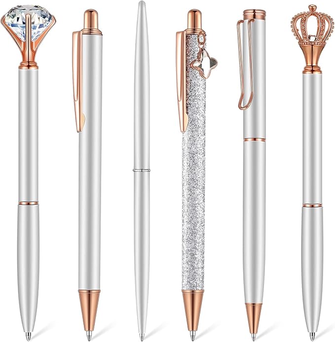 6 Pcs Ballpoint Pens Set Metal Crystal Diamond Pen for Journaling Glitter Pretty Cute Stationery Black Ink Fancy Gifts for Women Girls Teacher Office Wedding School Supplies(Silver)
