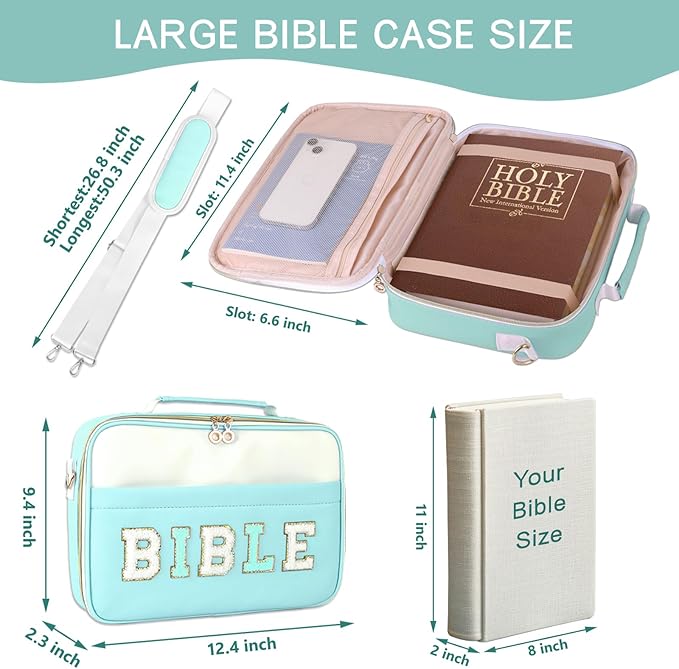 WOBANGEM Bible Cover Case for Women,Large Leather Bible Cases Christian Gifts for Women Men Girls,Preppy Chenille Letter Bible Bag with Shoulder Strap,Green Bible Purse Bible Carrying Case for Women