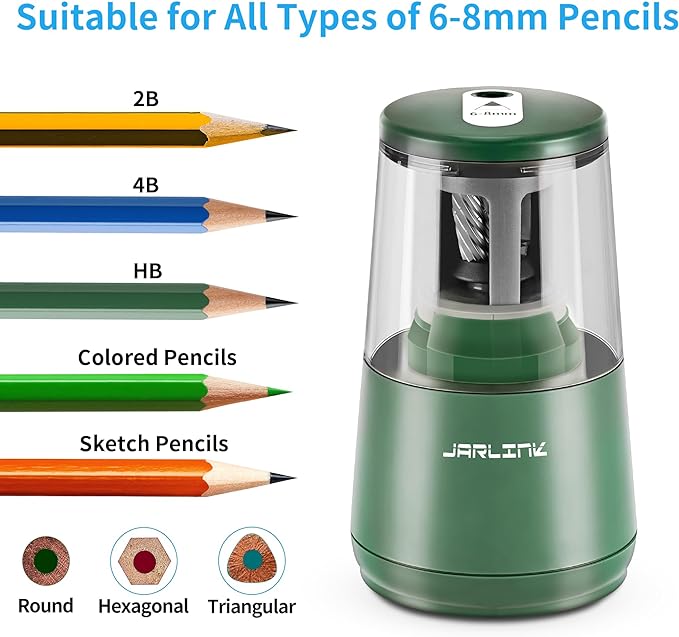 JARLINK Electric Pencil Sharpener, Heavy-Duty Helical Blade to Fast Sharpen, Auto Stop for No.2/Colored Pencils(6-8mm), USB/Battery Operated in School Classroom/Office/Home (Green)