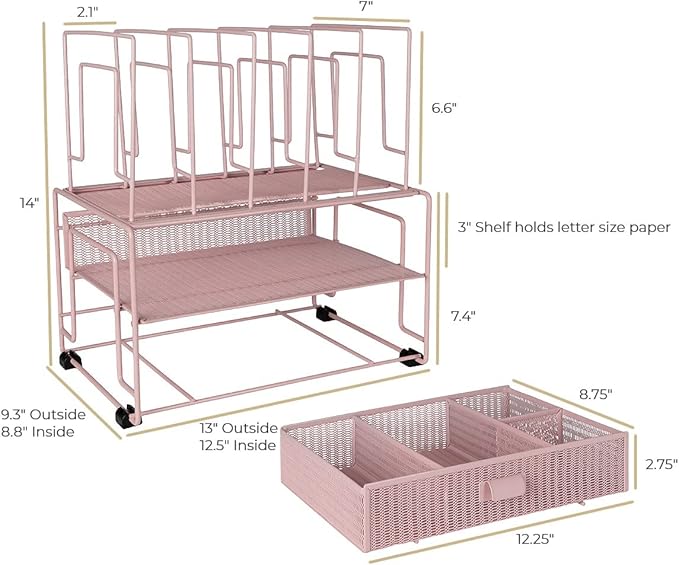 BLU MONACO Pink Workspace Desk Organizer and Accessories Desktop Rack with File sorters and Drawer for Office Supplies, Paper, Device and Folder