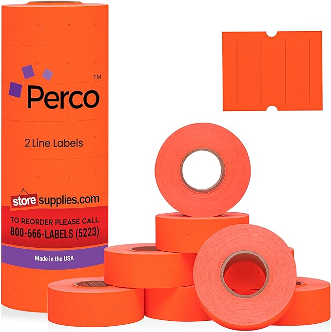 Perco 2 Line Fluorescent Red Labels - 8 Rolls, 1 Sleeve, 6,000 Blank Price and Date Gun Labels for Perco 2 Line Price and Date Guns - Made in USA