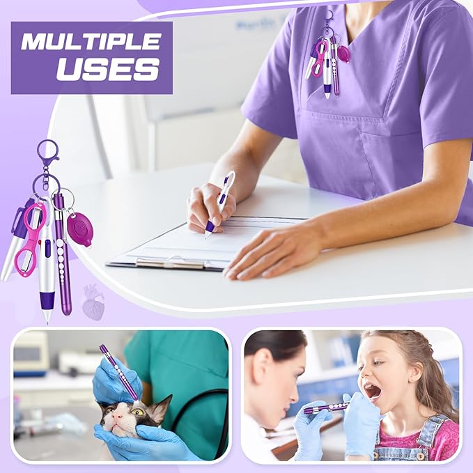 6 Pcs Nurse Pen Set Include Permanent Marker Pen Retractable Ballpoint Pen Keychain Clip Foldable Scissors Lights LED Flashlight Keychain for Nurse Accessories(Purple)