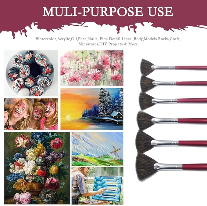high-Grade Mink 6 pcs/Set Fish Tail Fan Shape Watercolor Gouache Acrylic Painting Pen Artist Oil Painting Brushes Art Supplies