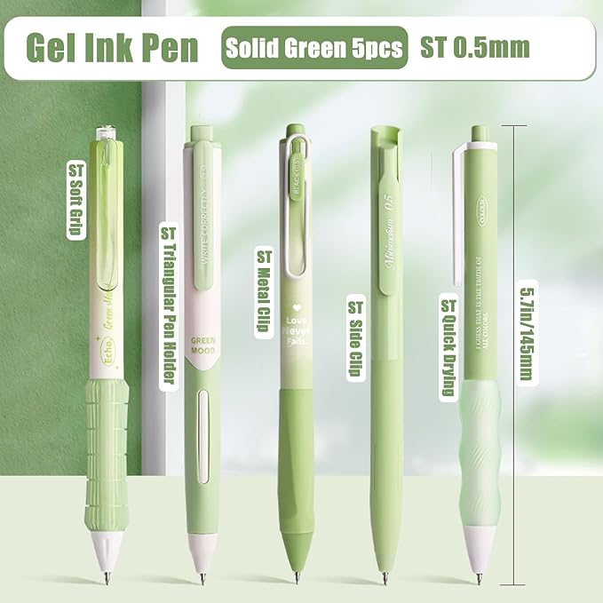 10 Count Pastel Gel Ink Pen Set,Cute Note Taking 0.5mm Fine Point Retractable 10 Count Black Ink Pens with for Writing, Journaling, School, Office (Green)