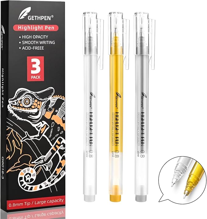 0.8mm Extra Fine Point 3 Colors Gel Pen Set White,Gold and Silver Gel Ink Pens for Artists, White Gel Pen, White Ink Pen, White Pens for Artists Drawing