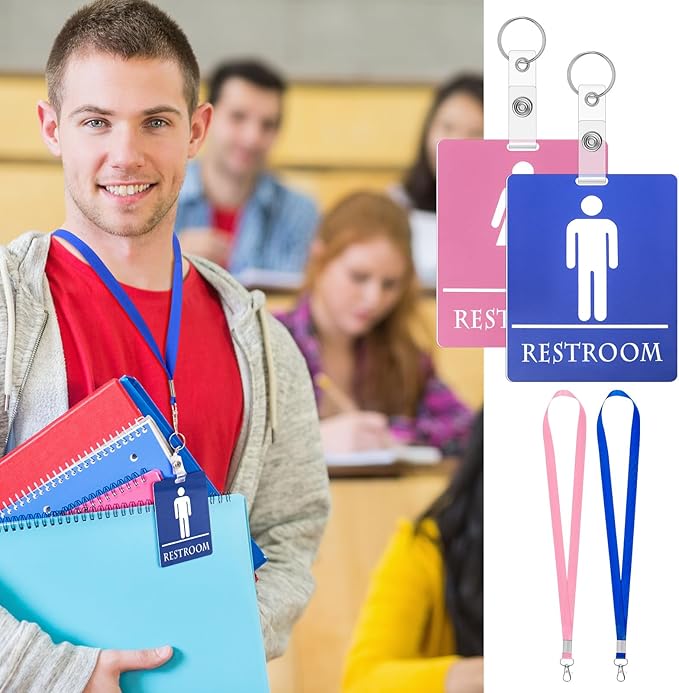 6 Set Bathroom Pass Restroom Pass with Key Holder Keychain with Lanyard PVC Blue and Pink Restroom Passes for Classrooms Women Men