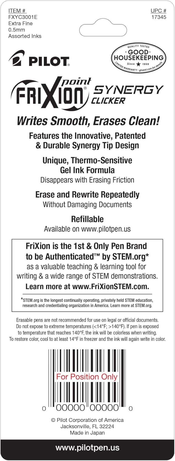 Pilot, FriXion Synergy Clicker Erasable, Refillable, Retractable Gel Ink Pens, Extra Fine Point 0.5 mm, Pack of 3, Black, Blue & Red