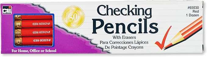 Charles Leonard Checking Pencil, Red Colored with Eraser, 12/Box (65030)