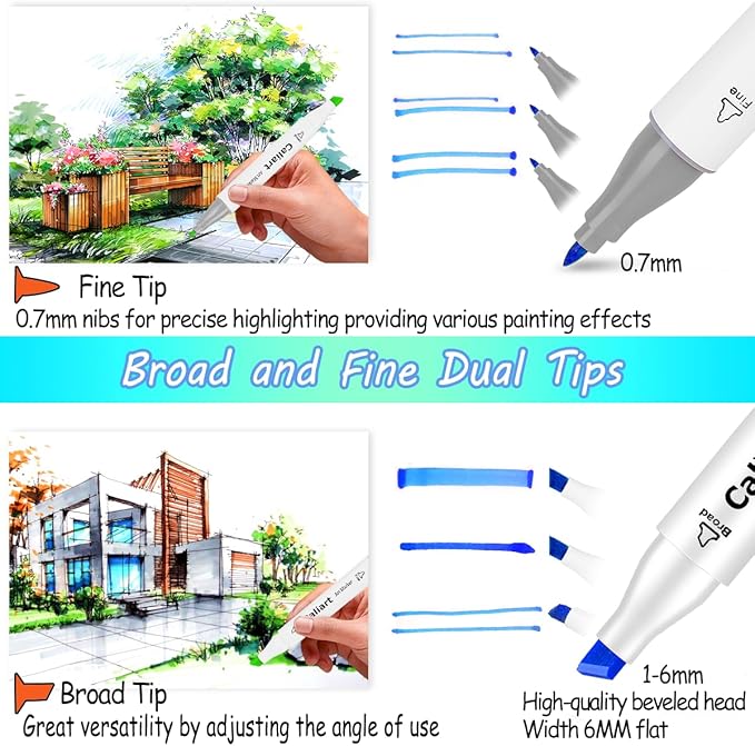 Caliart 24 Colors Fine & Chisel Permanent Alcohol Markers, Dual Tip Artist Sketch Art Markers Set for Adult Coloring Book, Aesthetic Cute School Supplies, Pens for Drawing Coloring Illustrations