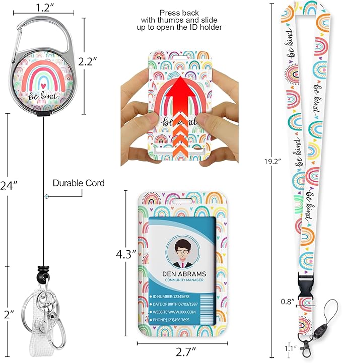 Teacher Lanyards for Id Badges, Rainbow Be Kind Badge Holder with Retractable Badge Reel Clip, Adjustable Name Tag Lanyard Vertical ID Card Protector Case for Women Nurse Doctor Student
