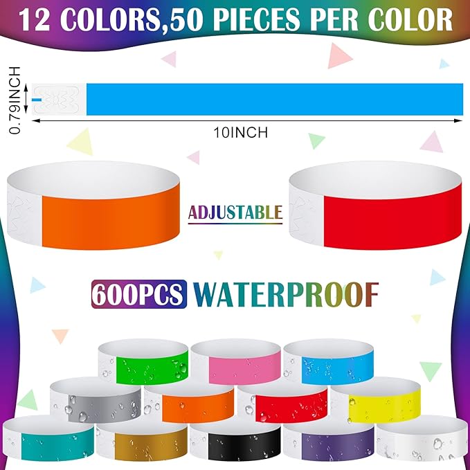 Epakh 600 Pcs Paper Wristbands Neon Wrist Bands Waterproof Handbands for Events Lightweight Concert Wristbands Neon Colored Adhesive Wrist Band for Party