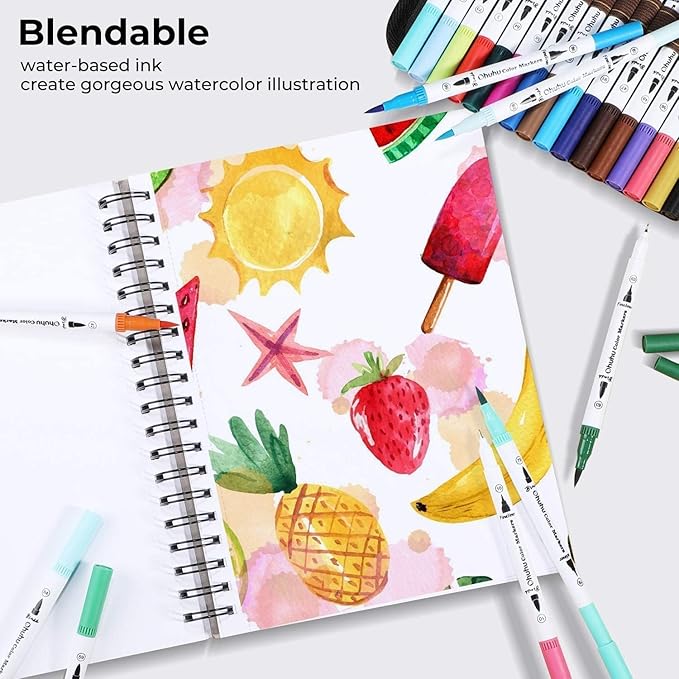 Ohuhu Markers for Adult Coloring Books No bleeding 100 Colors Coloring Markers Water-based Dual Tips Fineliner & Brush Drawing Pens Art Markers for Kids Adults Sketch Journal - Maui - Black
