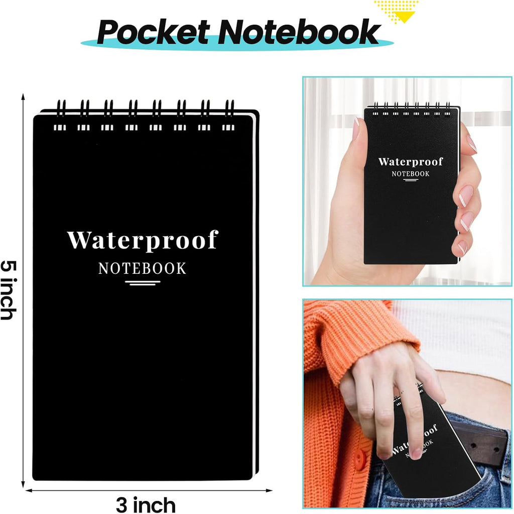 6 Pack Waterproof Notebook, 3x5 Pocket Notepad, Small Top Spiral Stone-Paper Notepad, Mini Pocket Notebook, Little Memo Note Pads for Outdoor, Office, School, Travel (Black)