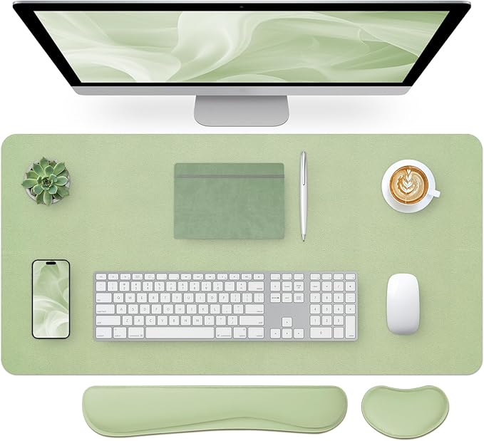 Bloss Leather Desk Mat and Keyboard Wrist Rest, Large Mouse Pad + Keyboard Pad+Mouse Wrist Support, Non-Slip Desk Mat Protector for Office, Home(31.5×15.7 Inches, Green)